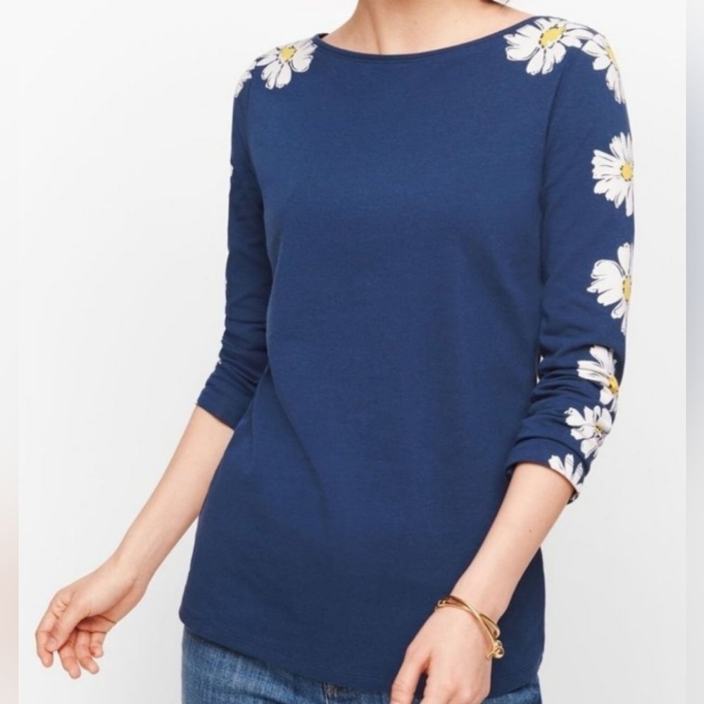 Talbots Blue Daisies Floral Fitted 3/4 Sleeve Soft Knit Top SP